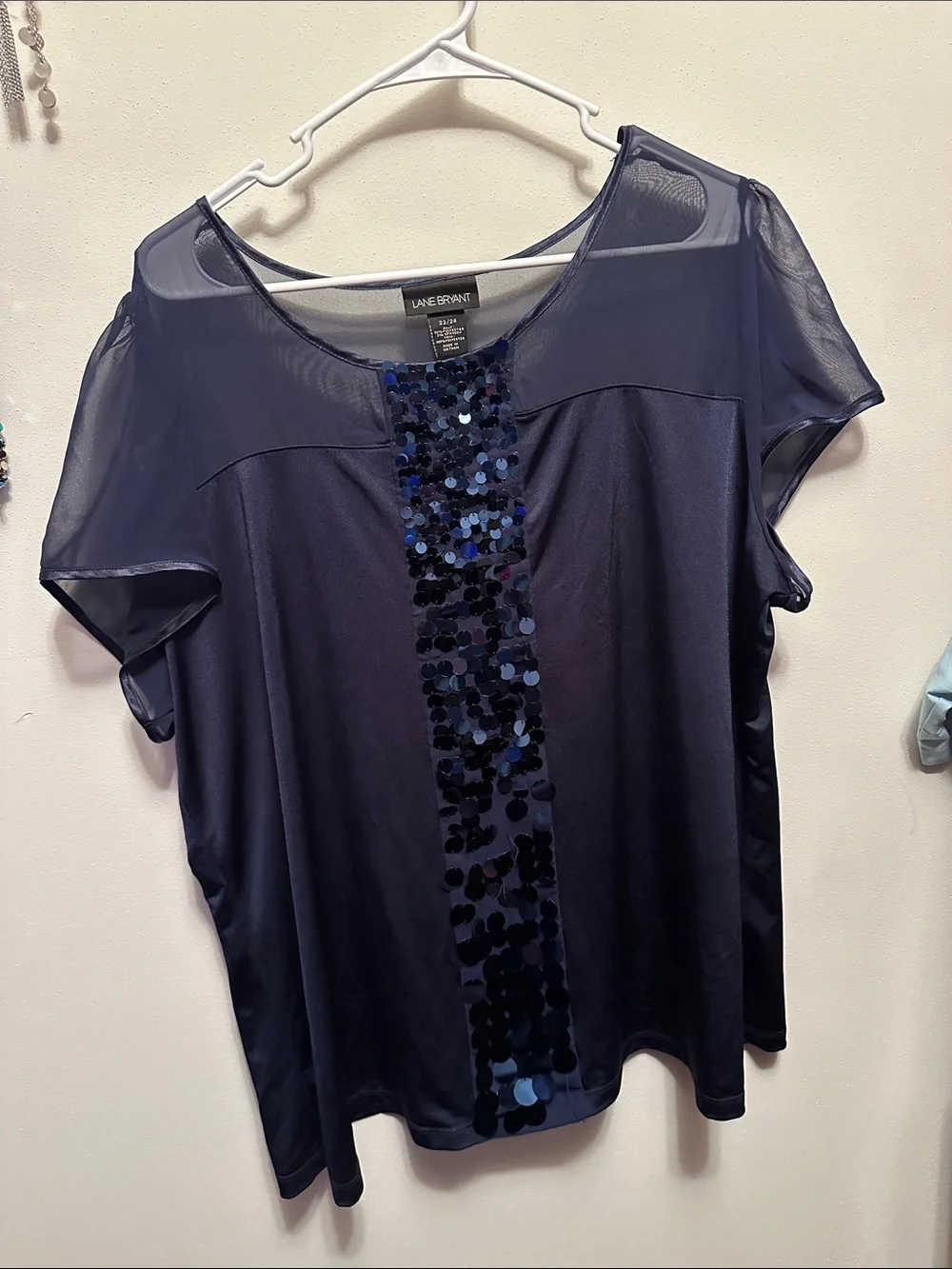 Lane Bryant Navy Short-Sleeve Blouse with Sequin Center Panel